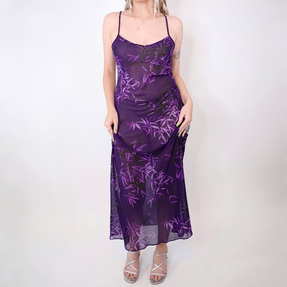 CALVIN KLEIN PURPLE BAMBOO LEAVES SHEER NIGHTGOWN - Picture 1 of 6